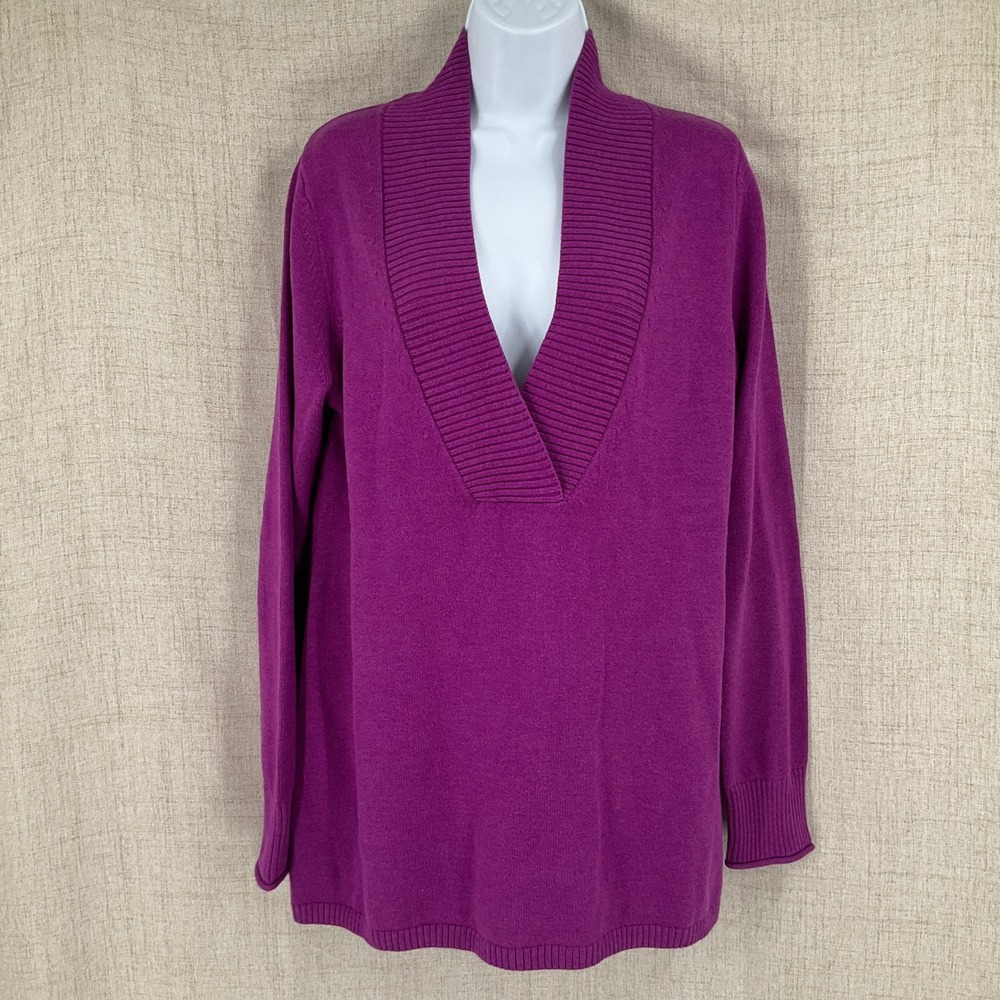 Eddie Bauer Womens Magenta Purple V-Neck Ribbed Trim Cotton Blend Sweater Sz‎ L